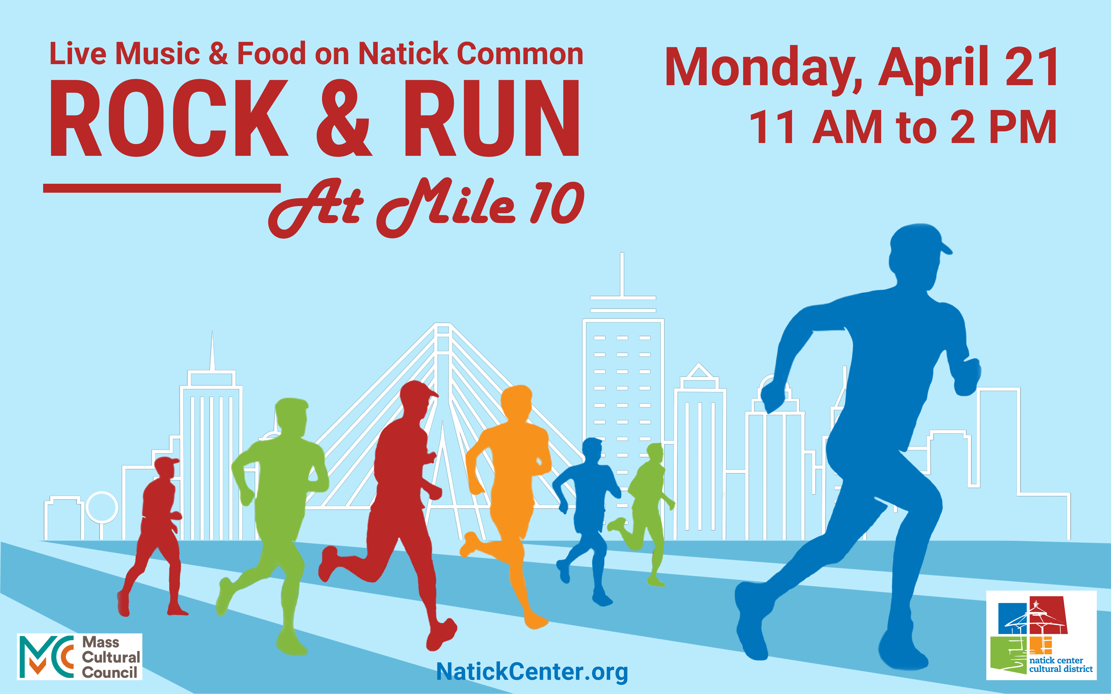 Graphic image with a blue background and blue, red, yellow and green human figures that are all running. In red are words that say "Rock & Run at Mile 10"