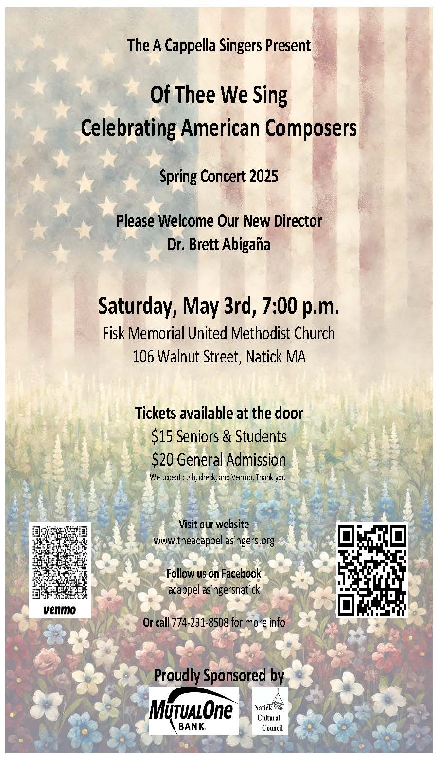 Modern graphic image with an US Flag at the top fading into flowers at the bottom all with a slight yellow hue. The words are advertising an a cappella concert featuring American composers.