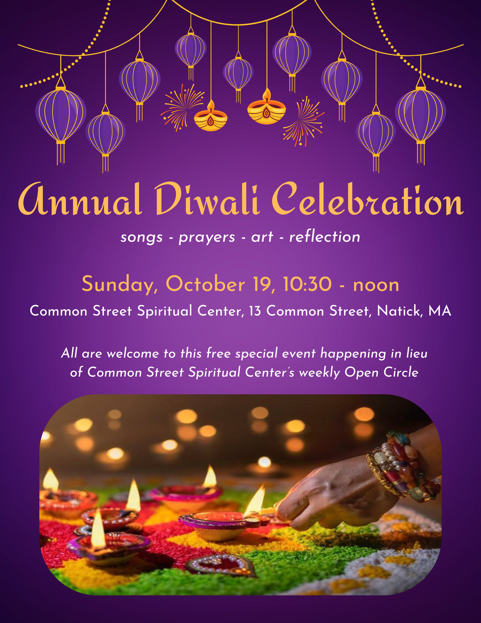 A purple background flier with yellow and white text, all of which is in the event description. At the bottom is a modern color photograph of a hand lighting a candle on a table with many candles already lit.
