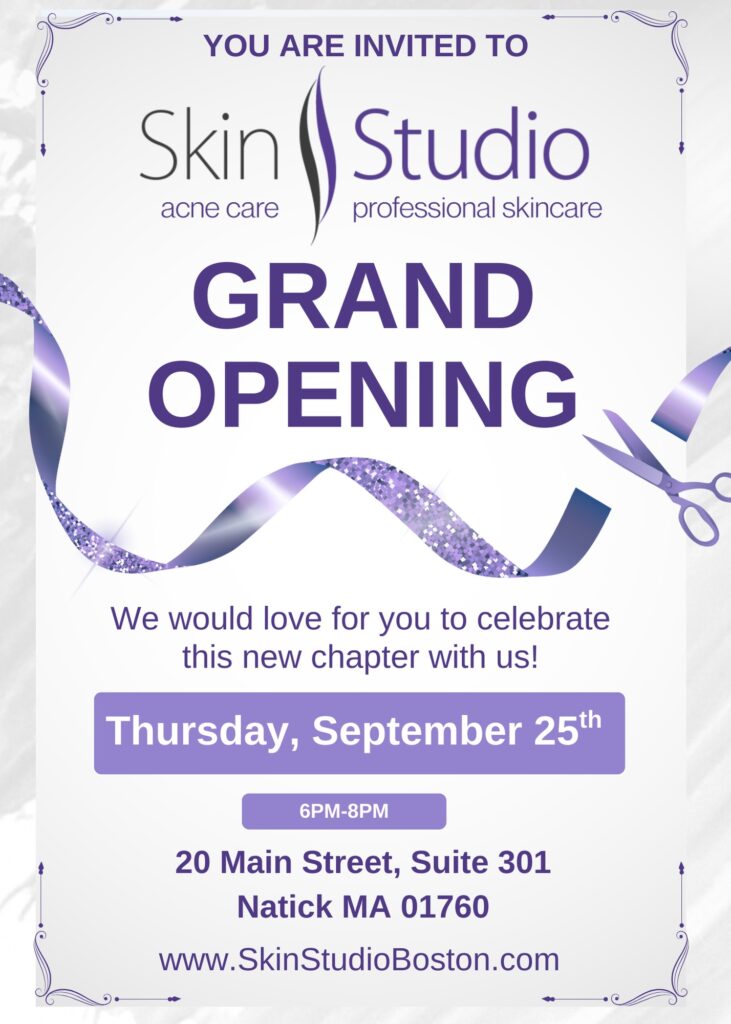 Skin Studio Grand Opening flyer. The word details are in the description of the event, the image is silver, cream and purple.