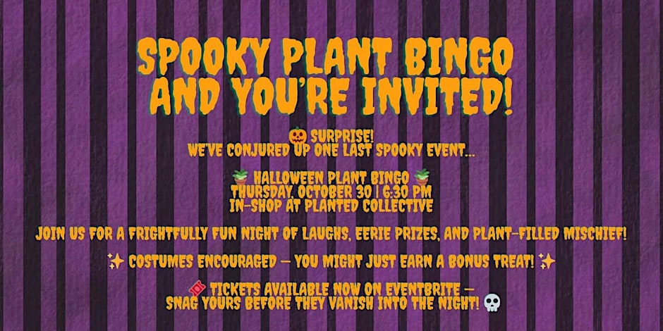 Purple and black striped background with orange letters on top.