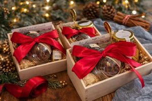 A modern color photograph of boxes with chocolates inside and large red ribbons around them, slightly behind the boxes are evergreens and twinkle lights.