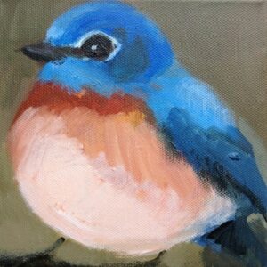 A color photograph of a painting of a small chubby bird with a blue back and head with a red and white belly.