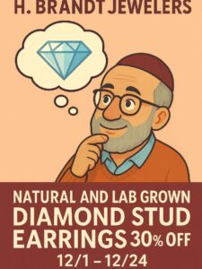 Orange and red background graphic with a cartoon man wearing a yamaka, with a thought bubble, in which there is a diamond.