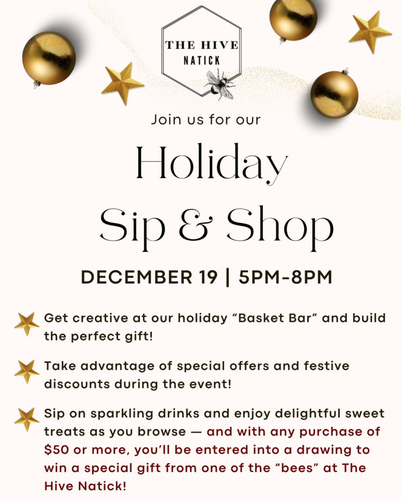 White background graphic with gold stars and balls. Black letters spell "Holiday Sip & Shop"