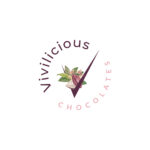White background logo with a chocolate bean in the center with leaves around it and a large red/purple v in the shape of a check mark. In a circle around that are the words, "Vivilicious Chocolates."
