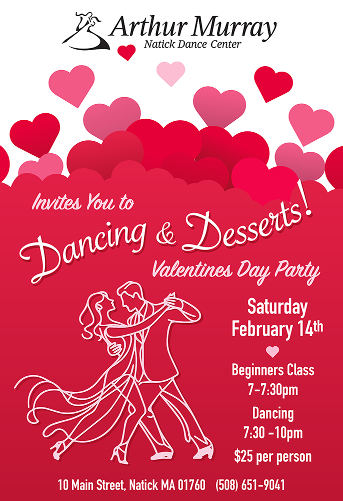 Red and white background graphic with red hearts and dancers.