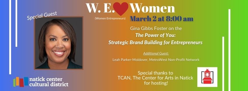 Blue, orange and green background graphic with white words and a photograph of a middle-aged Black Women with straight chin-length hair.