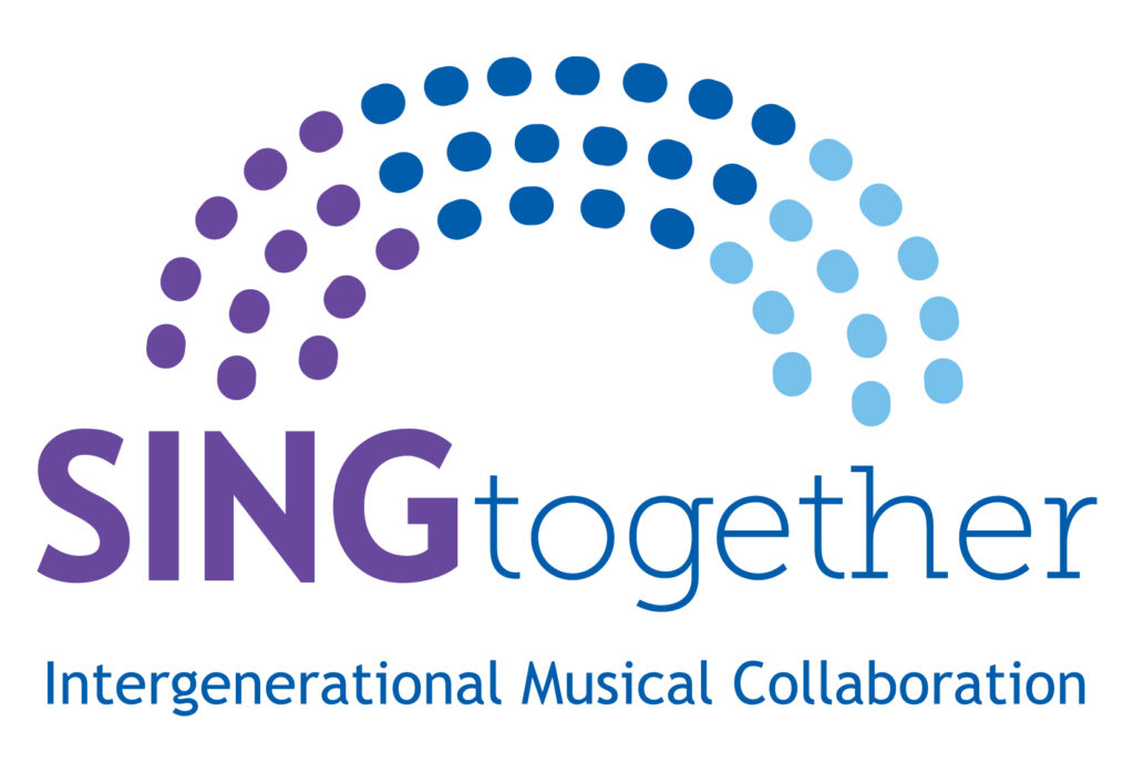 White background graphic with purple and blue letters and dots. The dots make a rainbow and the letters spell, "SINGtogether."
