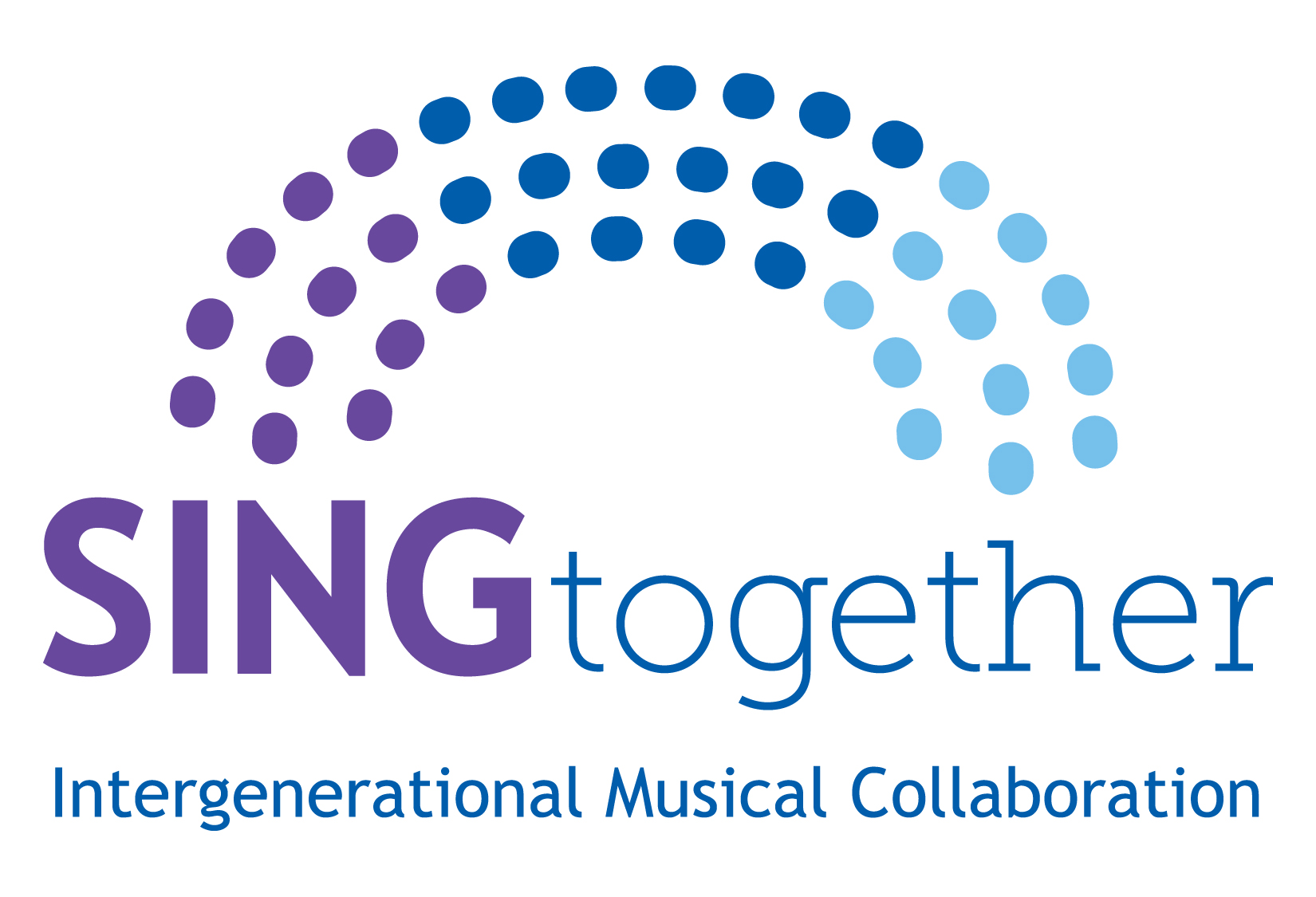 White background graphic with purple and blue letters and dots. The dots make a rainbow and the letters spell, "SINGtogether."