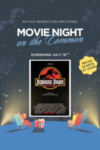 A graphic with a few people in chairs on a blue lawn watching a movie cover against a starlit sky. With the words "Movie Night On the Common" in the center top. 