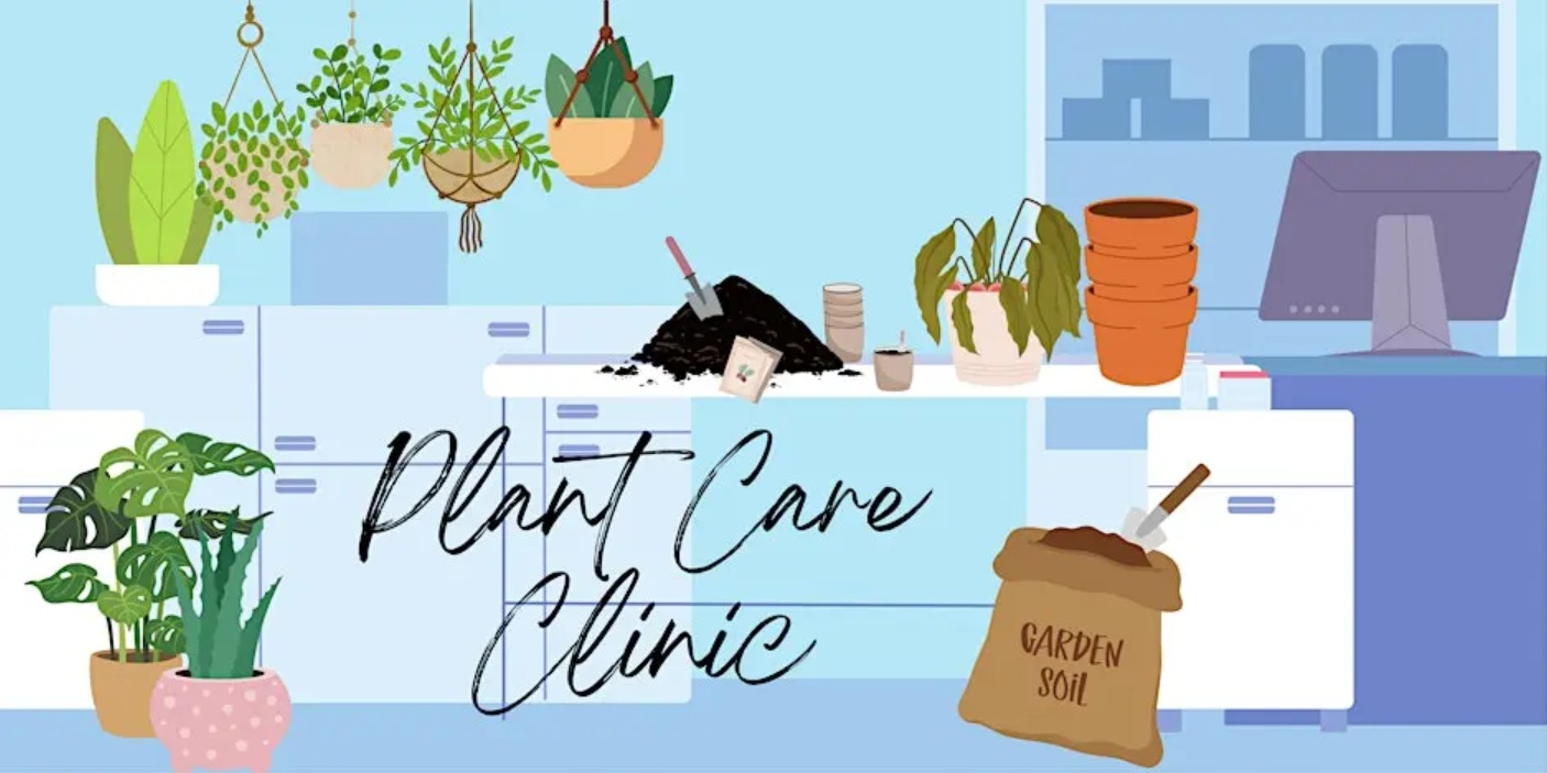 A colorful graphic cartoon in various shades of blue, brown and green. The image is of a plant shop with plants being worked on at a table.