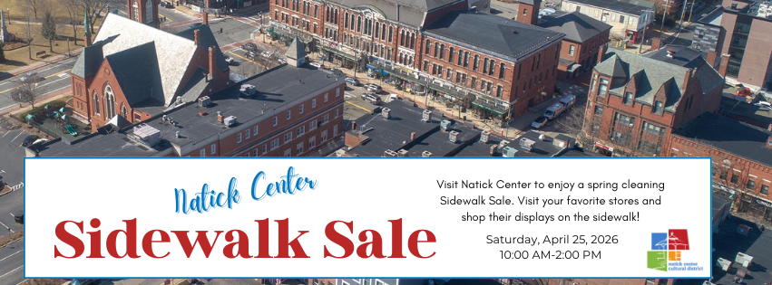 Background image of a photograph of an urban center with brick buildings and gray roofs. In the center bottom is a rectangle with a white background with blue, red, and black words that are all in the body of the event.