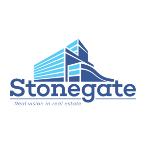 A white background logo in two shades of blue of a a building, with a blue word underneath, "Stonegate."