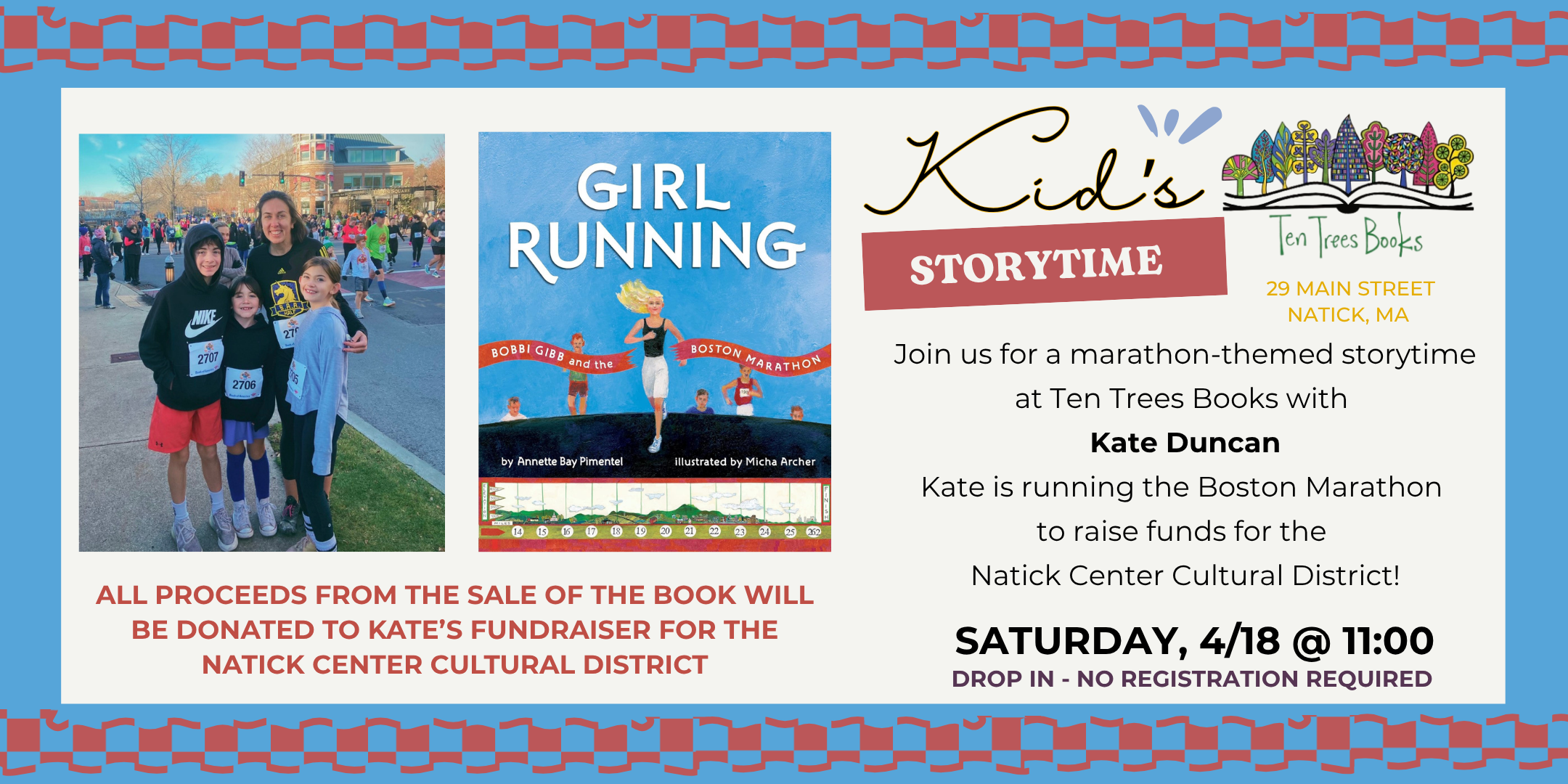 A graphic with a cream colored background and blue and red checked border. Inside the border is a photograph of a middle-aged white woman and three white children, all in athletic clothes on a street with many other people behind them, the cover of a book with a blue background and a blonde white girl running, and many words in red and black that are all within the body of the text. In the upper right hand corner in the border is the logo for Ten Trees, which is a colorful drawing of trees.