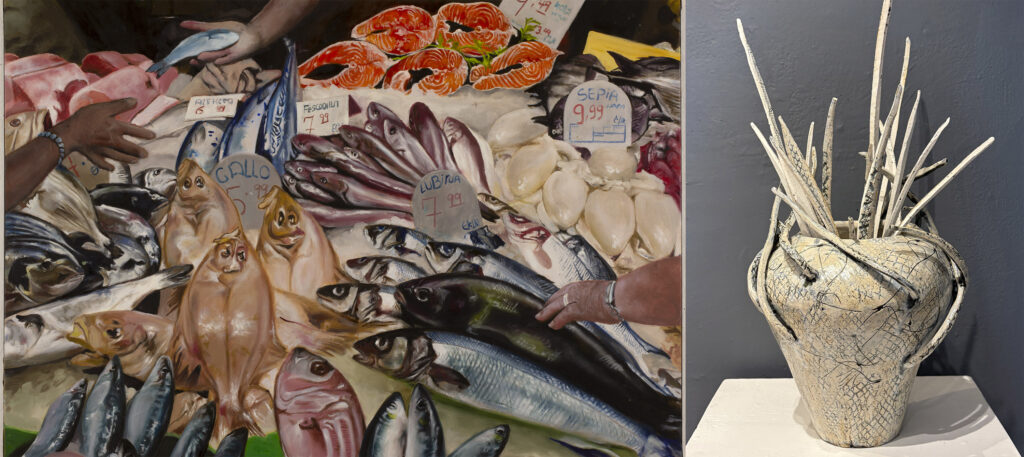 Two modern color photographs of art. On the left is a painting of different dead fish all laying together on a surface. On the right is a white bulbous vase with white sticks coming out of the top of it at all angles. A Visual Art Show.