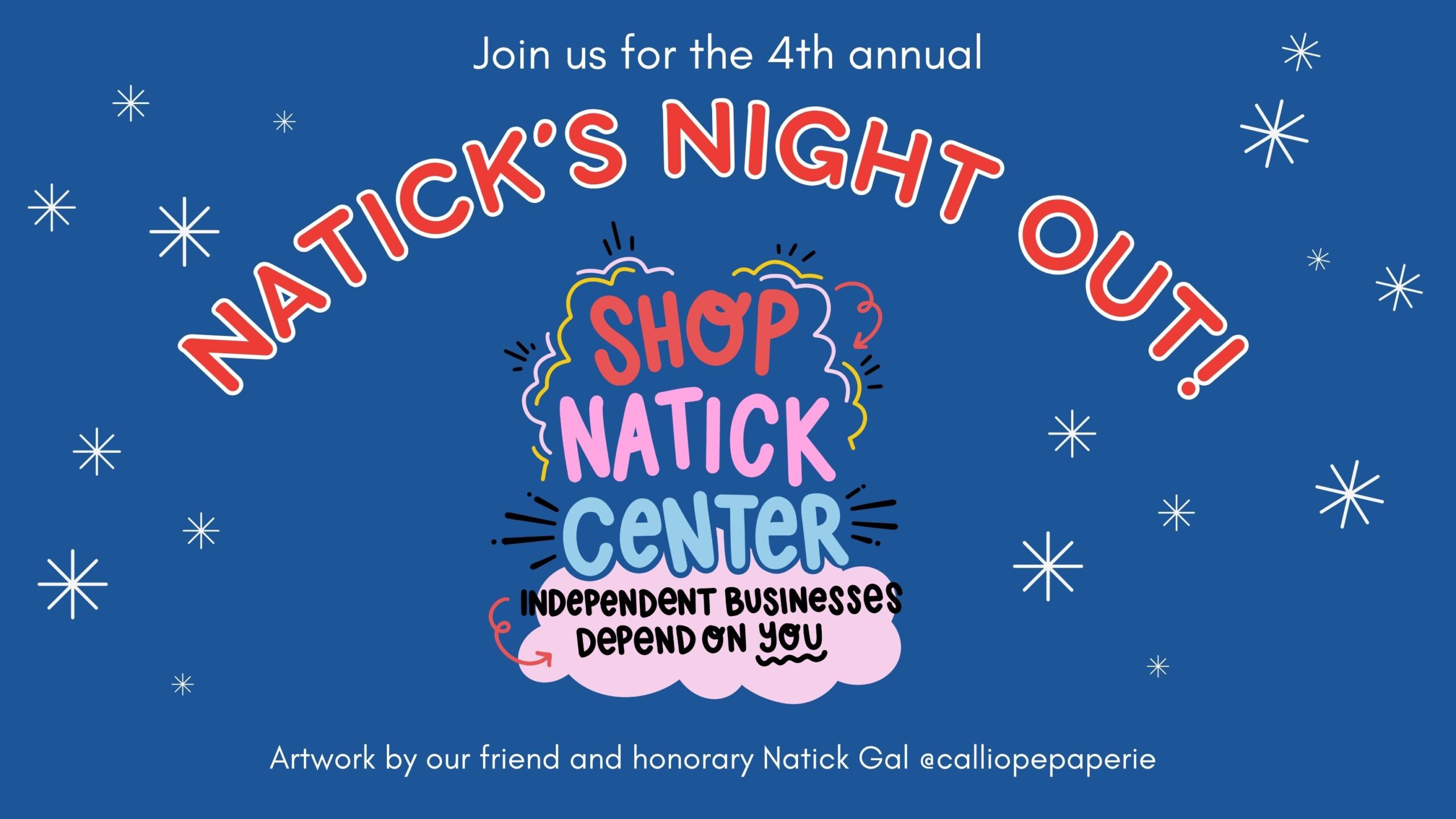 Blue background graphic with "Natick's Night Out" in Red bubble letters at the top.