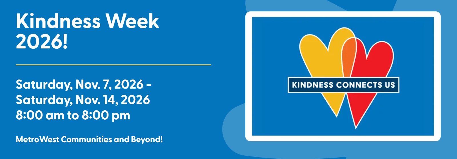 Blue background graphic about Spark Kindness running Kindness week. There is an orange and red heart next to each other on the right. The rest are white letters.