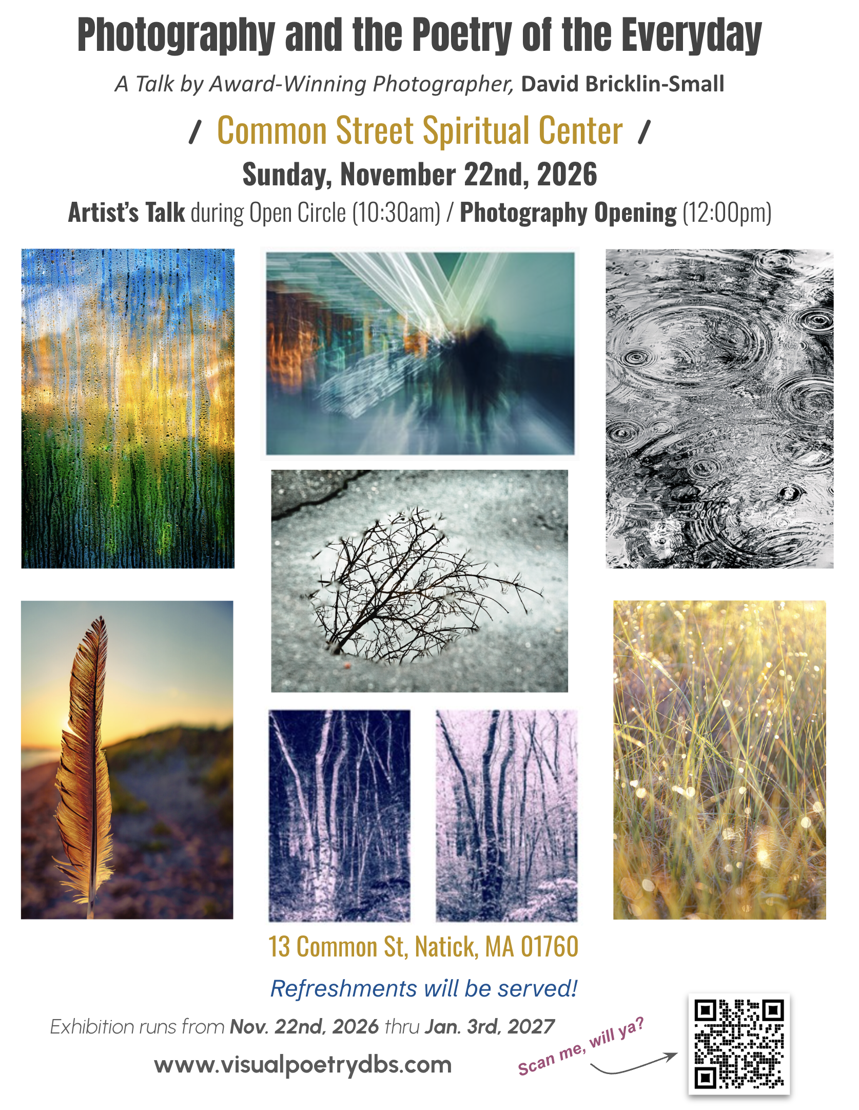 White background graphic with 8 photographs as the central focus with black words to inform you about an upcoming art show.