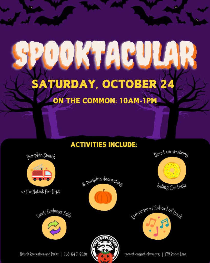 A purple and black background graphic with spooky trees and bats. There are circles with activities named inside, such as "pumpkin painting" with a pumpkin. There are white and yellow words that read, "Spooktacular, Saturday, October 24"