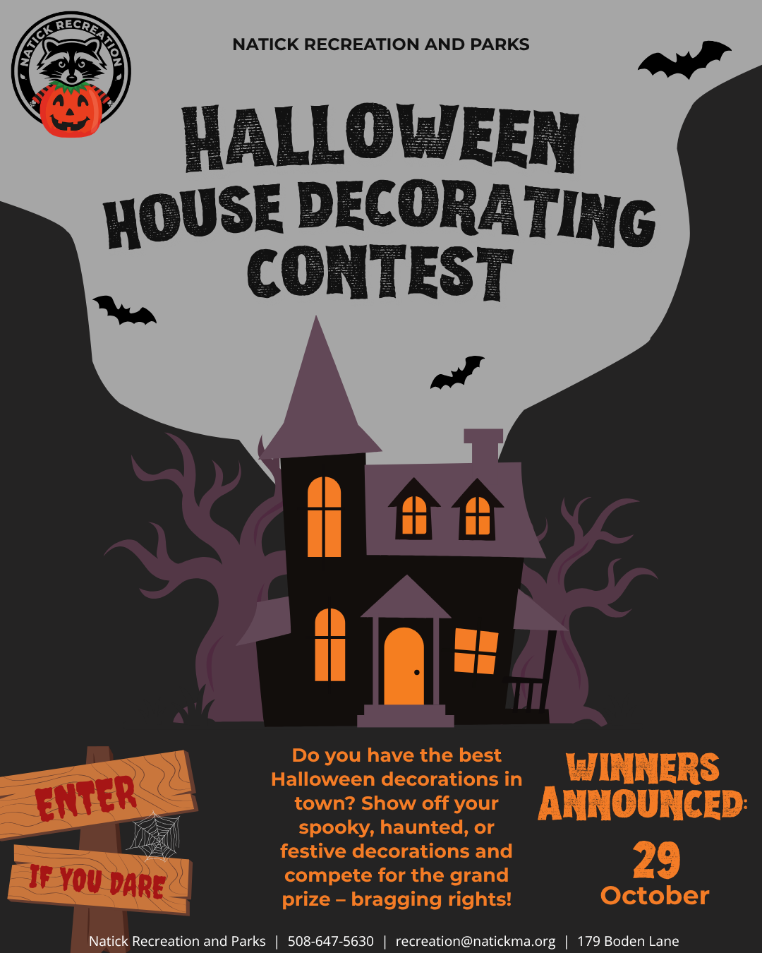 A black background graphic with a spooky house in black orange and gray with smoke coming out behind it. There are bats, signs and trees around it. There are black words on the gray smoke that read, "Halloween House Decorating Contest."